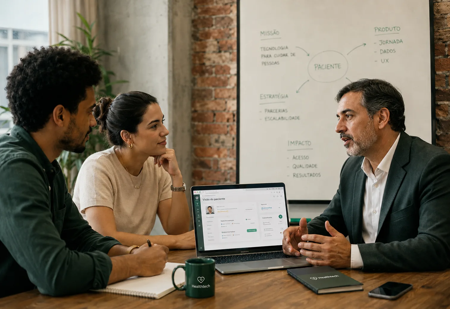 Equipe de healthtech analisando dados em saúde